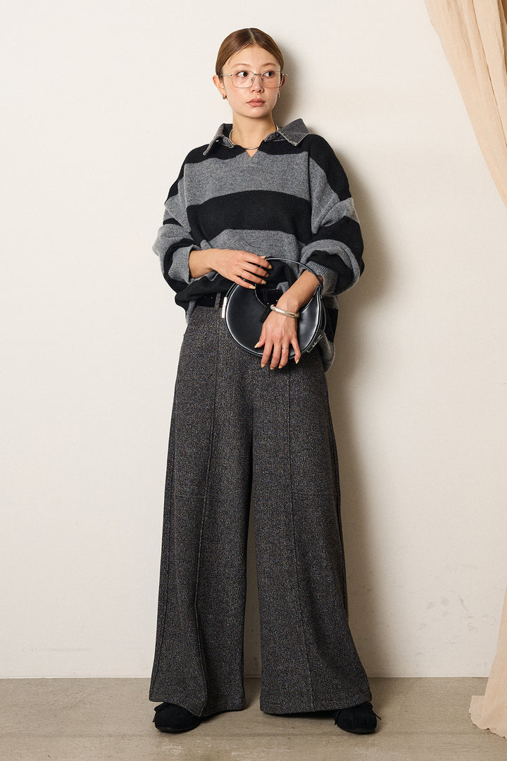 [SET]デニムカラーボーダールーズニット+太ベルト付きツイードワイドパンツ(2set)