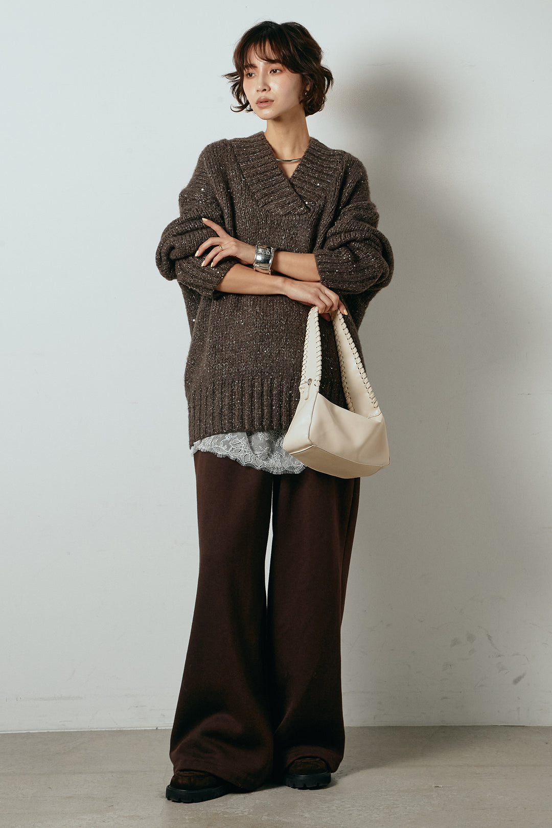 [SET]Vネックラメニットトップス+レース切り替えキャミソール(2set)