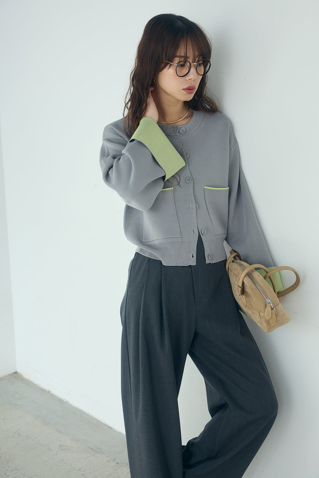 [SET]レーヨンポリダブルフェイスカーディガン+サイドベルトタック入りスラックス(2set)