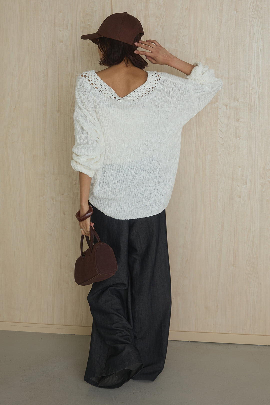 [SET]ネック編みデザインニットトップス+ウエスト折り返しワイドパンツ(2set)