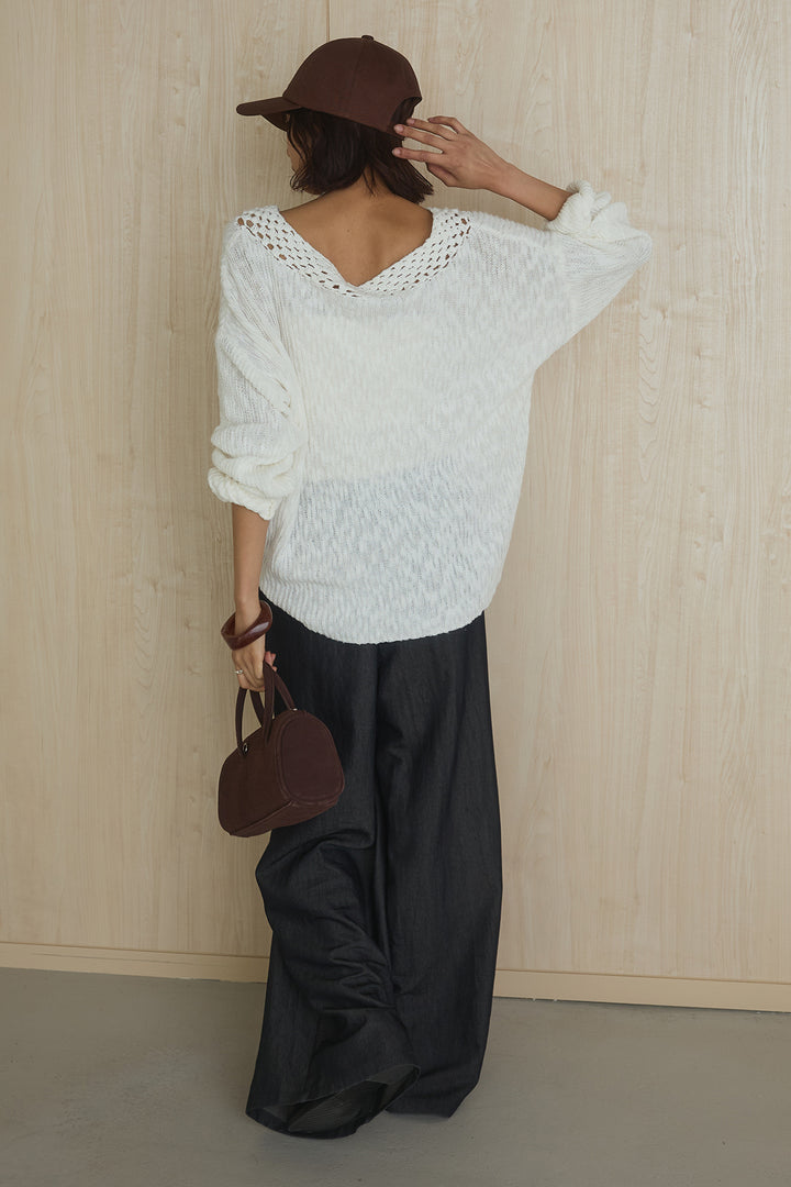[SET]ネック編みデザインニットトップス+ウエスト折り返しワイドパンツ(2set)