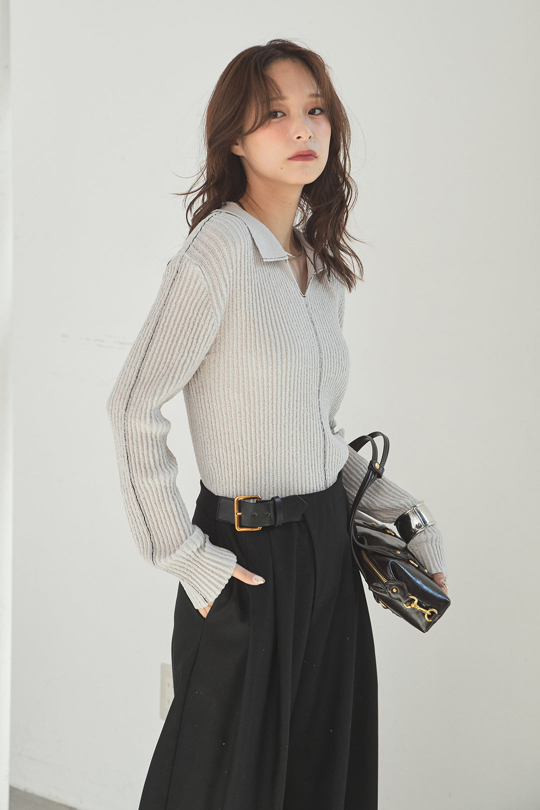 [SET]衿付きニットプルオーバー+サイドベルトタック入りスラックス(2set)