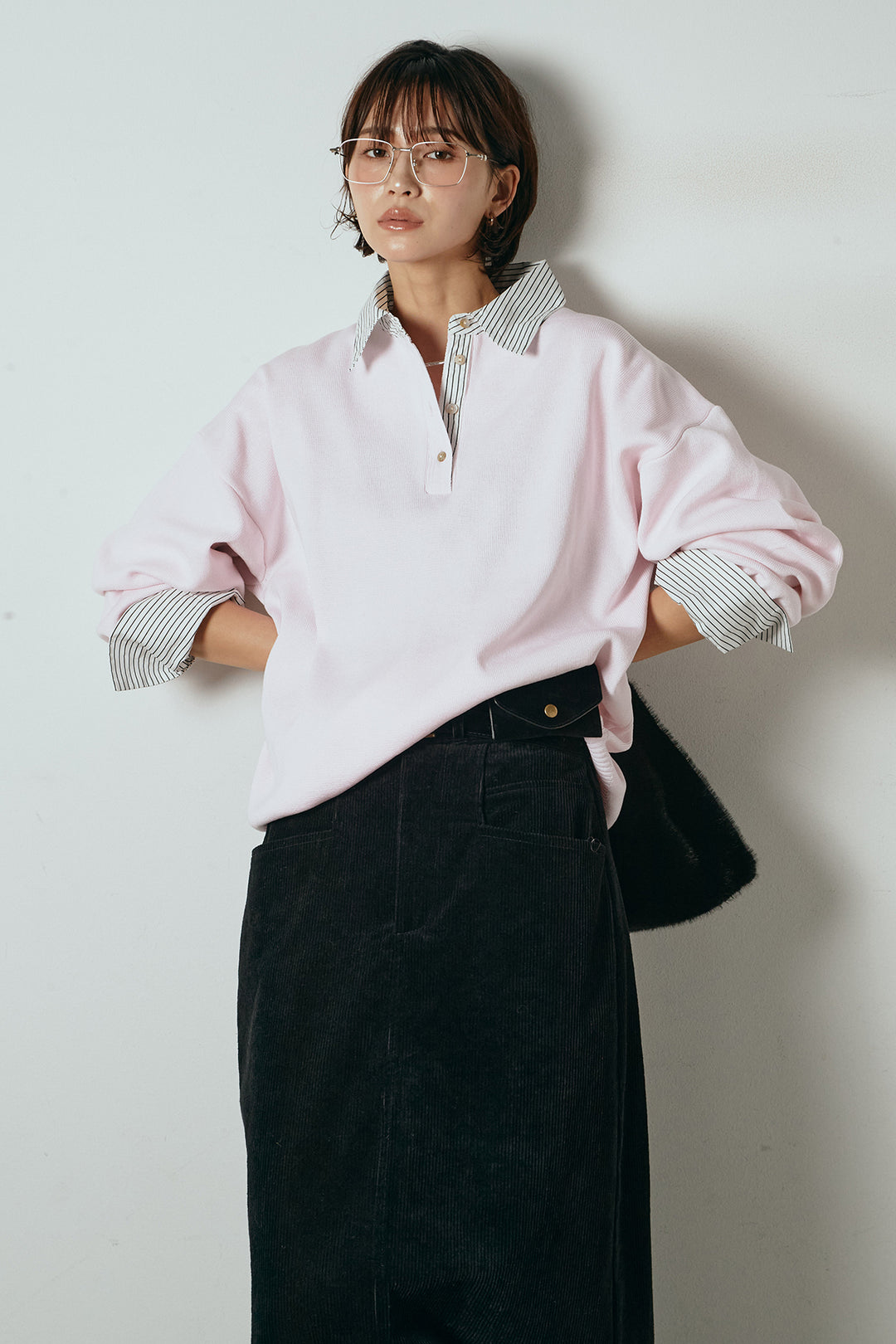 [SET]ストライプシャツドッキングポロトップス+ポーチベルト付きコーデュロイワイドスカート(2set)