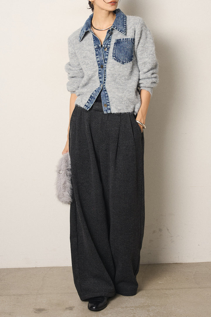 [SET]襟付きデニム切替ニットカーディガン+起毛タック入りツイードワイドパンツ(2set)