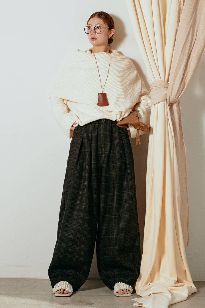 [SET]ケープデザインリブニットトップス+タータンチェック柄タックパンツ(2set)