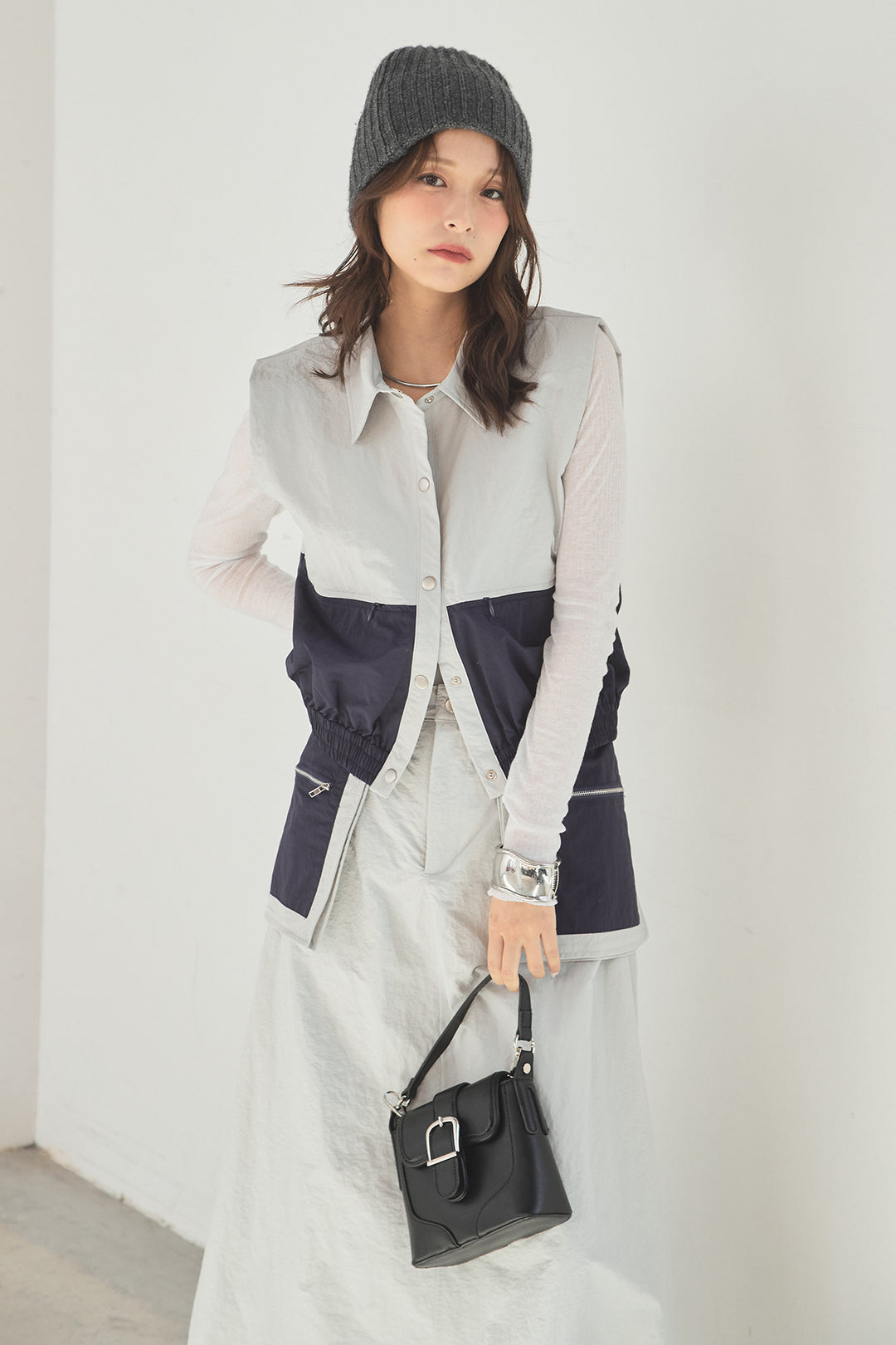 [SET]襟付きナイロンベスト+サイドデザインナイロンスカート(2set)