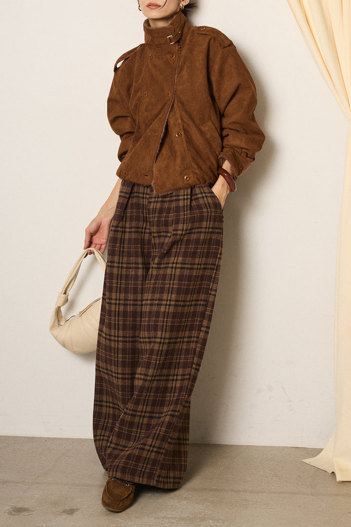 [SET]スタンド襟スウェードライクアウター+スタッズデザインベルトタータンチェックパンツ(2set)