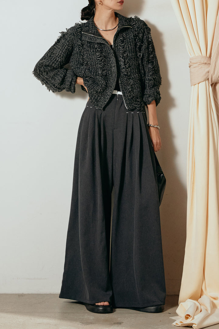 [SET]ハイネックフリンジジップニットトップス+ウエストステッチデザインワイドスラックス(2set)