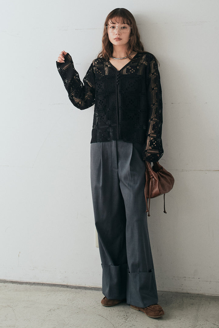 [SET]クロシェレースカーディガン+センタープレスセミワイドパンツ(2set)