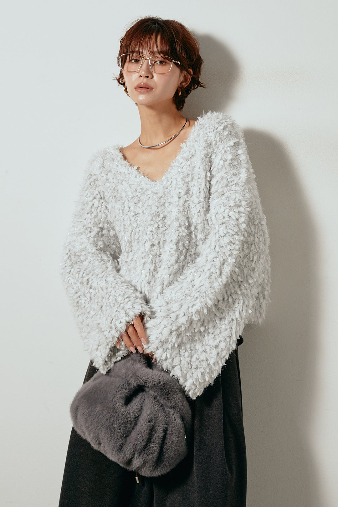 [SET]深Vネックチョウチョヤーンニットトップス+細フェイクレザーベルト付きワイドタックパンツ(2set)