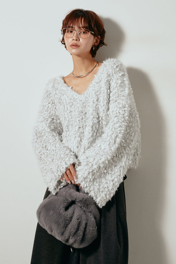 [SET]深Vネックチョウチョヤーンニットトップス+細フェイクレザーベルト付きワイドタックパンツ(2set)