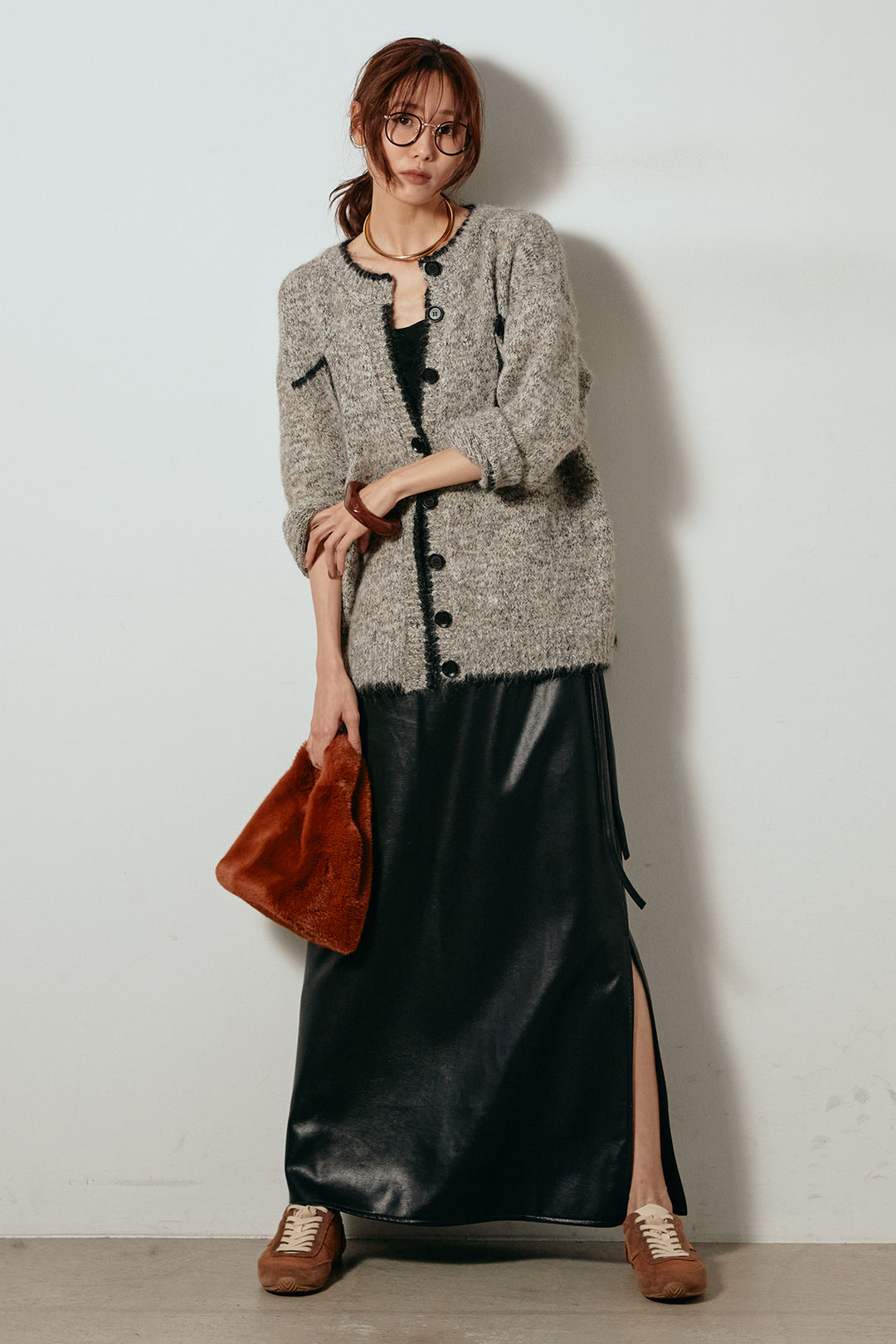 [SET]ミックスニットポケットカーディガン+紐付きフェイクレザーワイドスカート(2set)