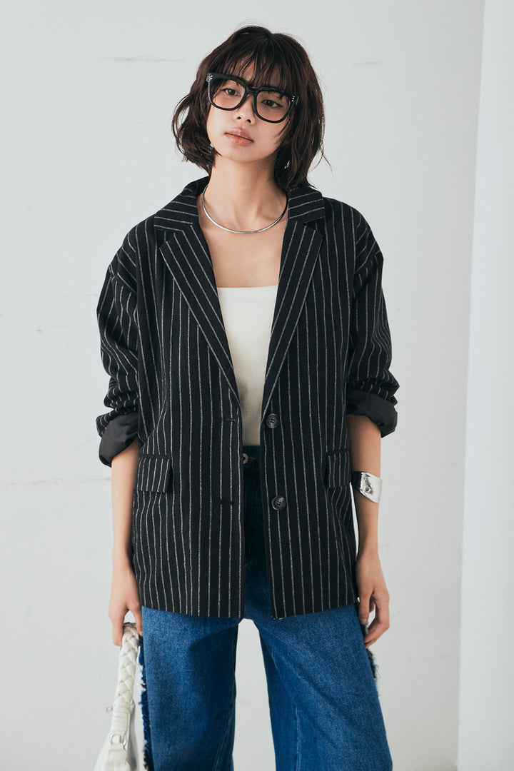 [SET]リネンライクストライプテーラードジャケット+デニムサイドフリルパンツ(2set)