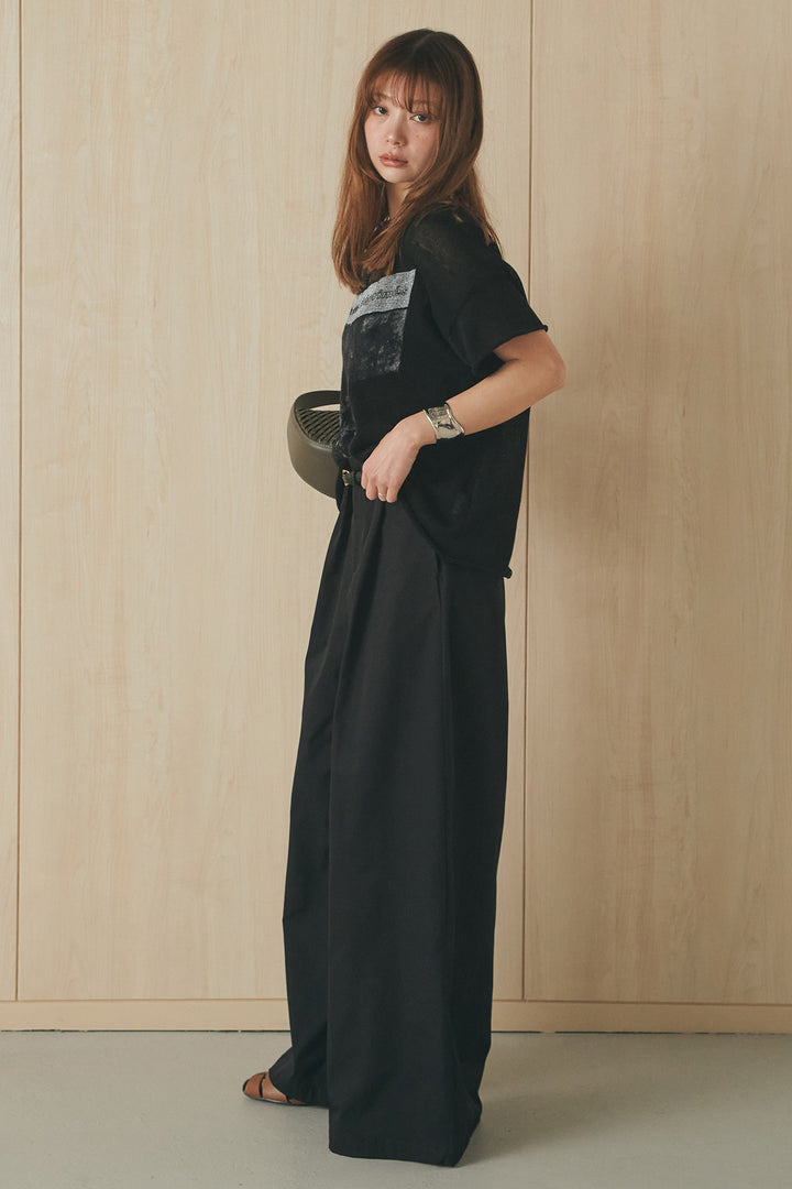 [SET]半袖モノトーングラフィックトップス+ベルトループデザインハイウエストタックパンツ(2set)