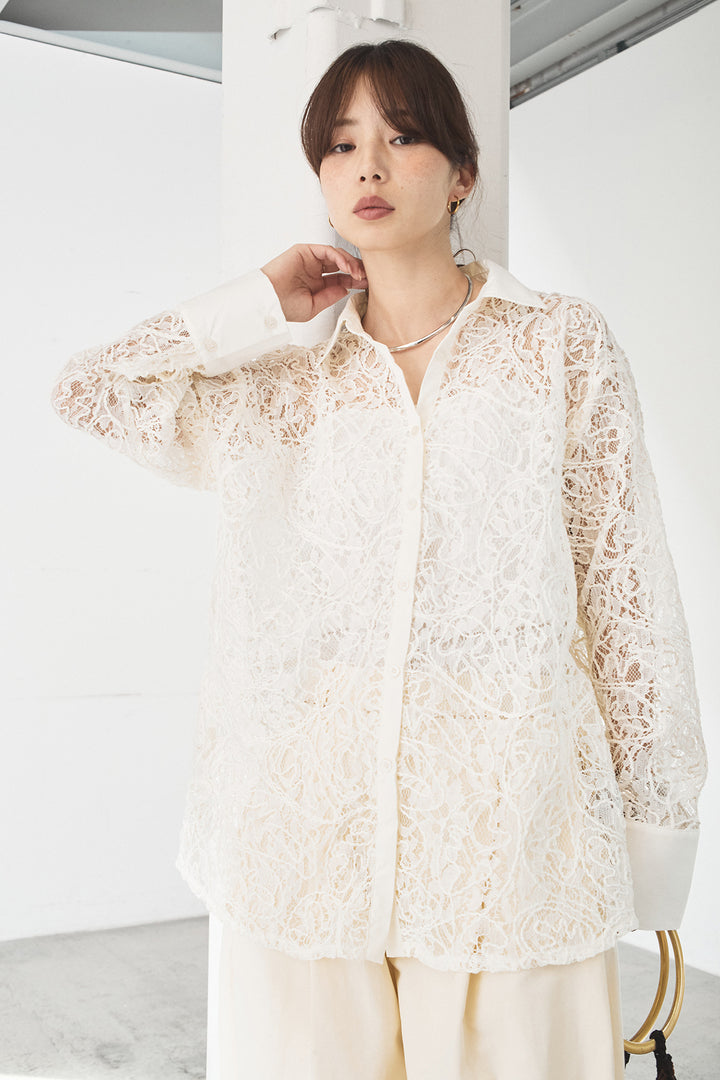 [SET]刺繍レースオーバーサイズシャツ+合繊ツイルパイピングタックカーブパンツ(2set)