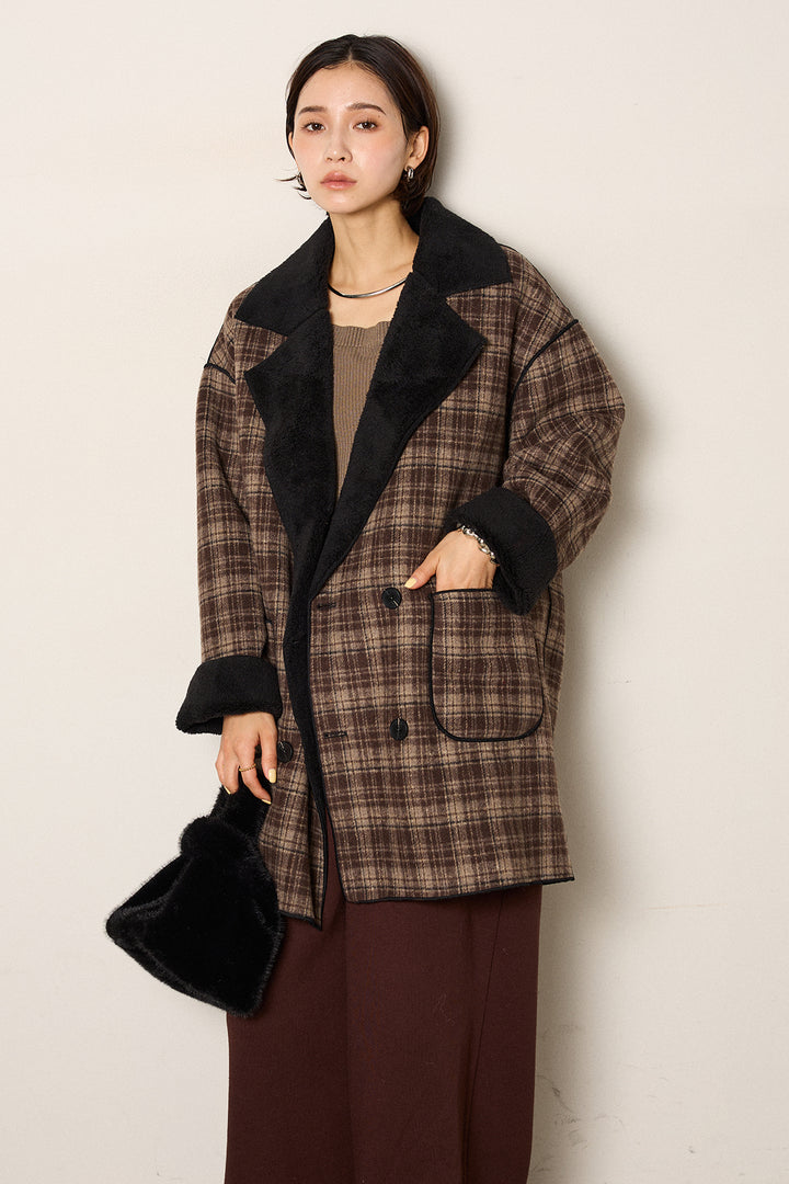 [SET]裏地ボアタータンチェック柄ミディアムコート+裏起毛スウェットワイドパンツ(2set)