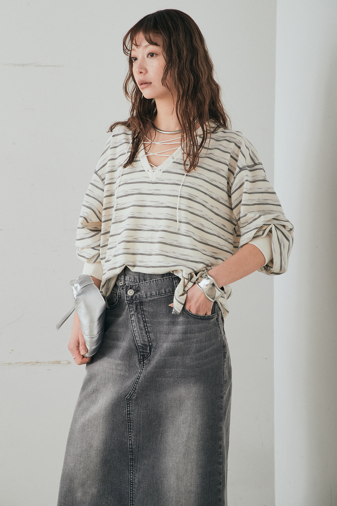 [SET]レースアップワッフルボーダートップス+ウエストクロスデニムタイトスカート(2set)