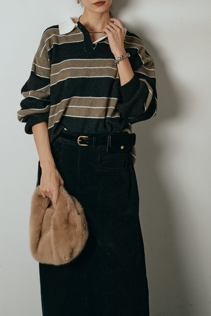 [SET]ラガーニットボーダーポロプルオーバー+ポーチベルト付きコーデュロイワイドスカート(2set)