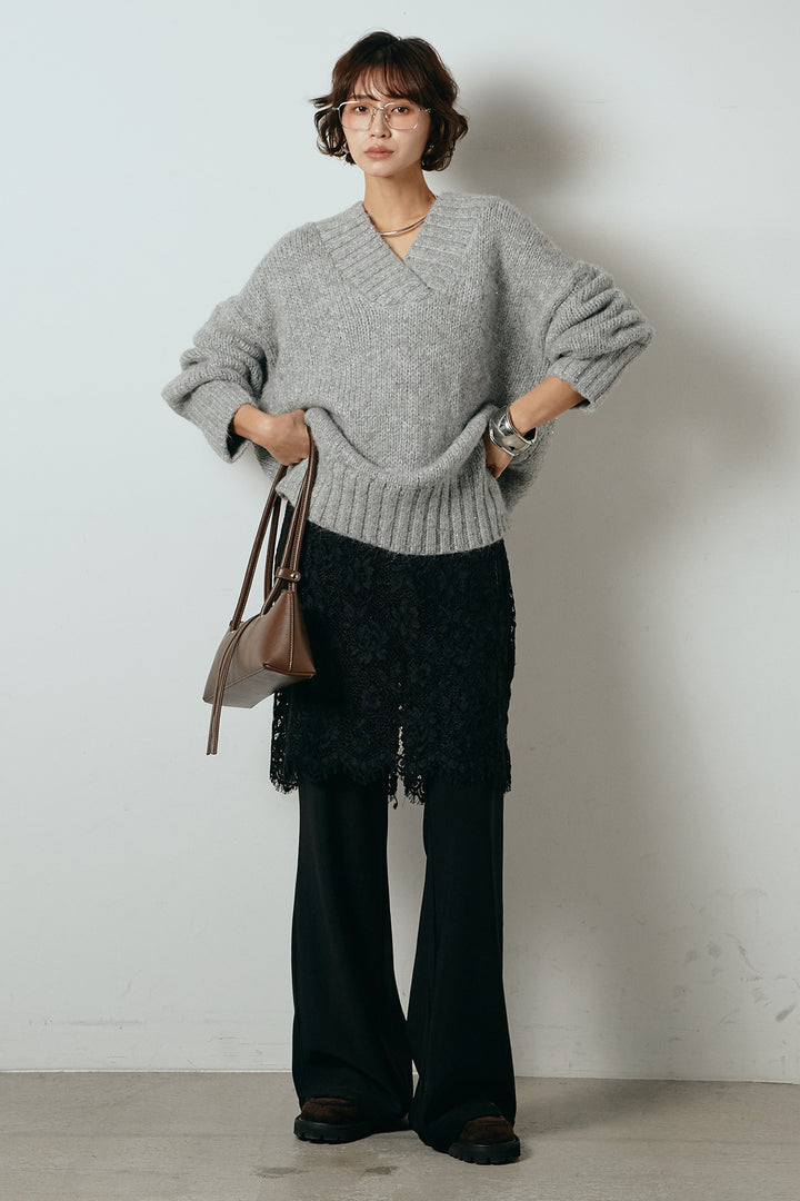 [SET]Vネックラメニットトップス+レース刺繍レイヤードフレアパンツ(2set)