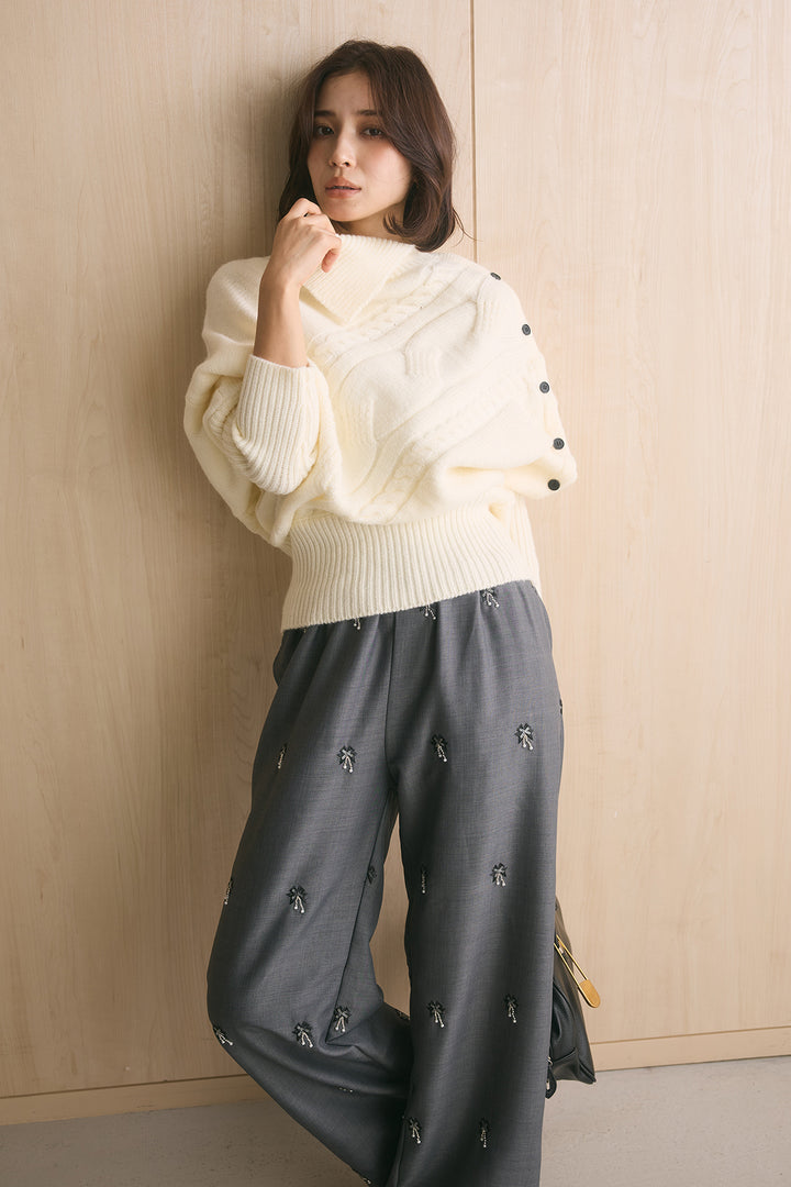 [SET]アシメカラーボタンケーブルニット+総ビーズ刺繍パンツ(2set)