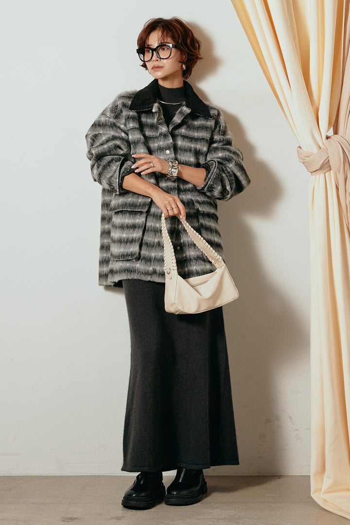 [SET]チェックシャギーミドルカバーオール+ノースリーブニットロングワンピース(2set)