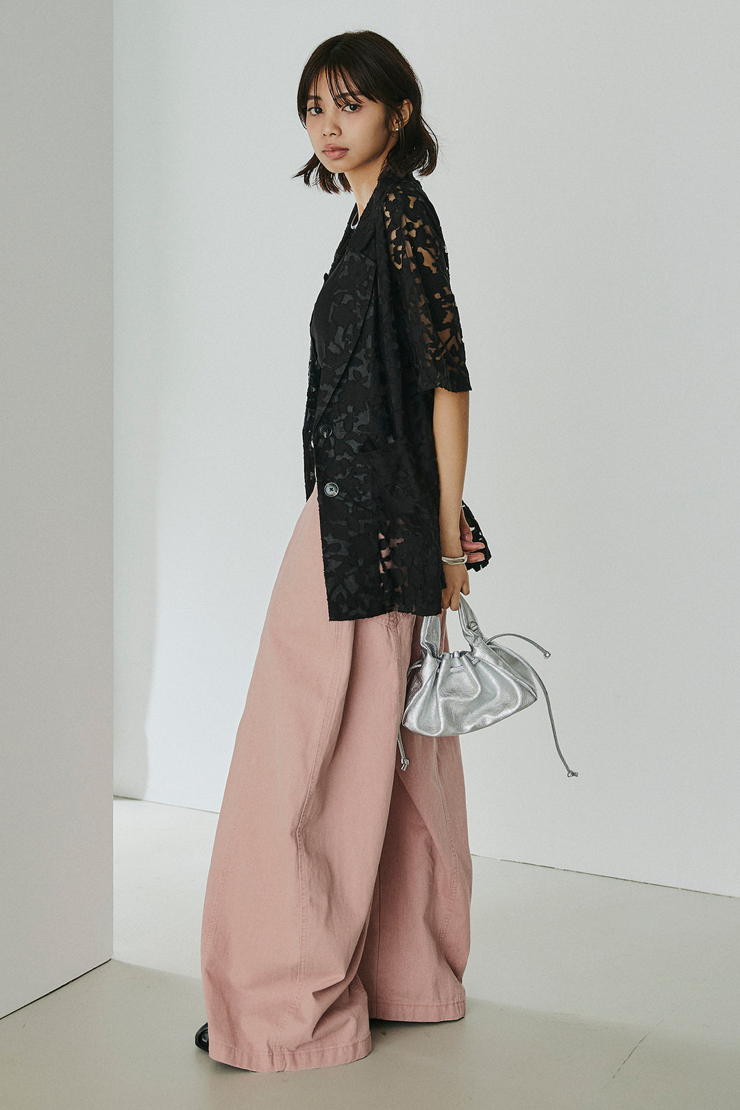 [SET]シアージャガードハーフスリーブテーラードジャケット+サイドベルトカーブワイドパンツ+配色ヘンリーネックタンクトップ(3set)