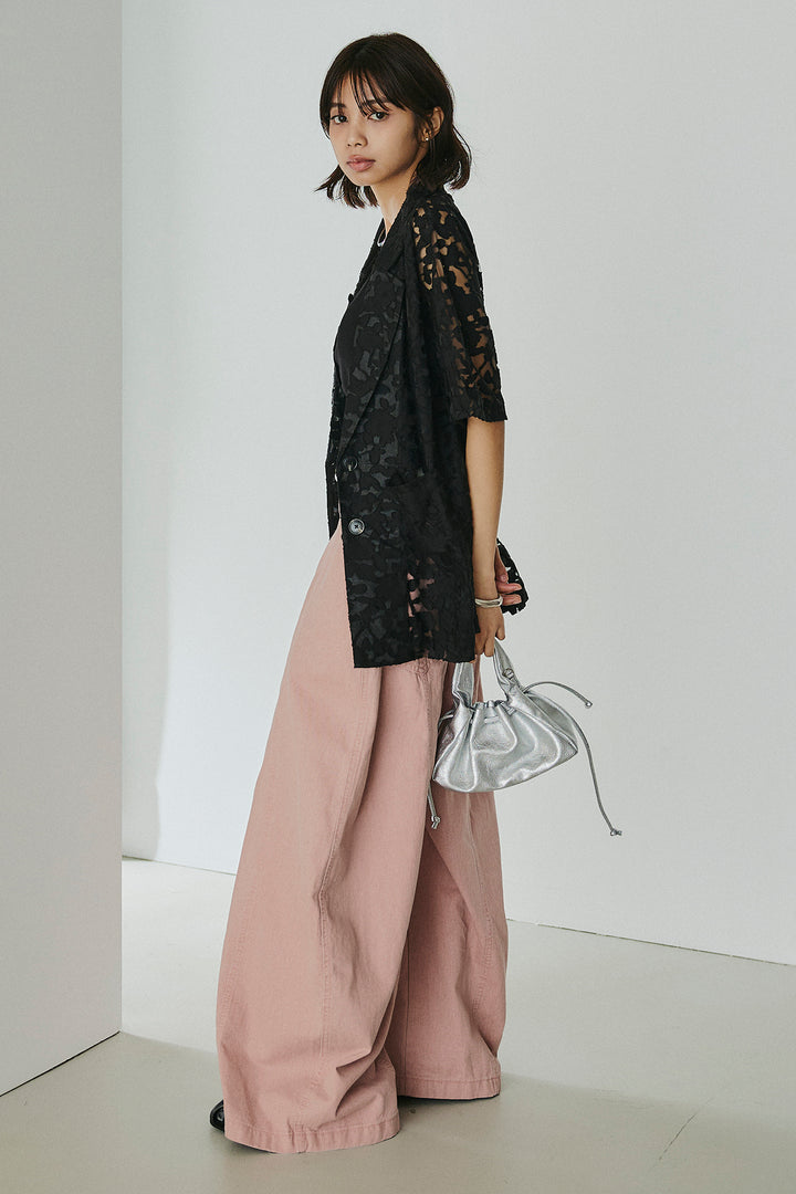 [SET]シアージャガードハーフスリーブテーラードジャケット+サイドベルトカーブワイドパンツ+配色ヘンリーネックタンクトップ(3set)