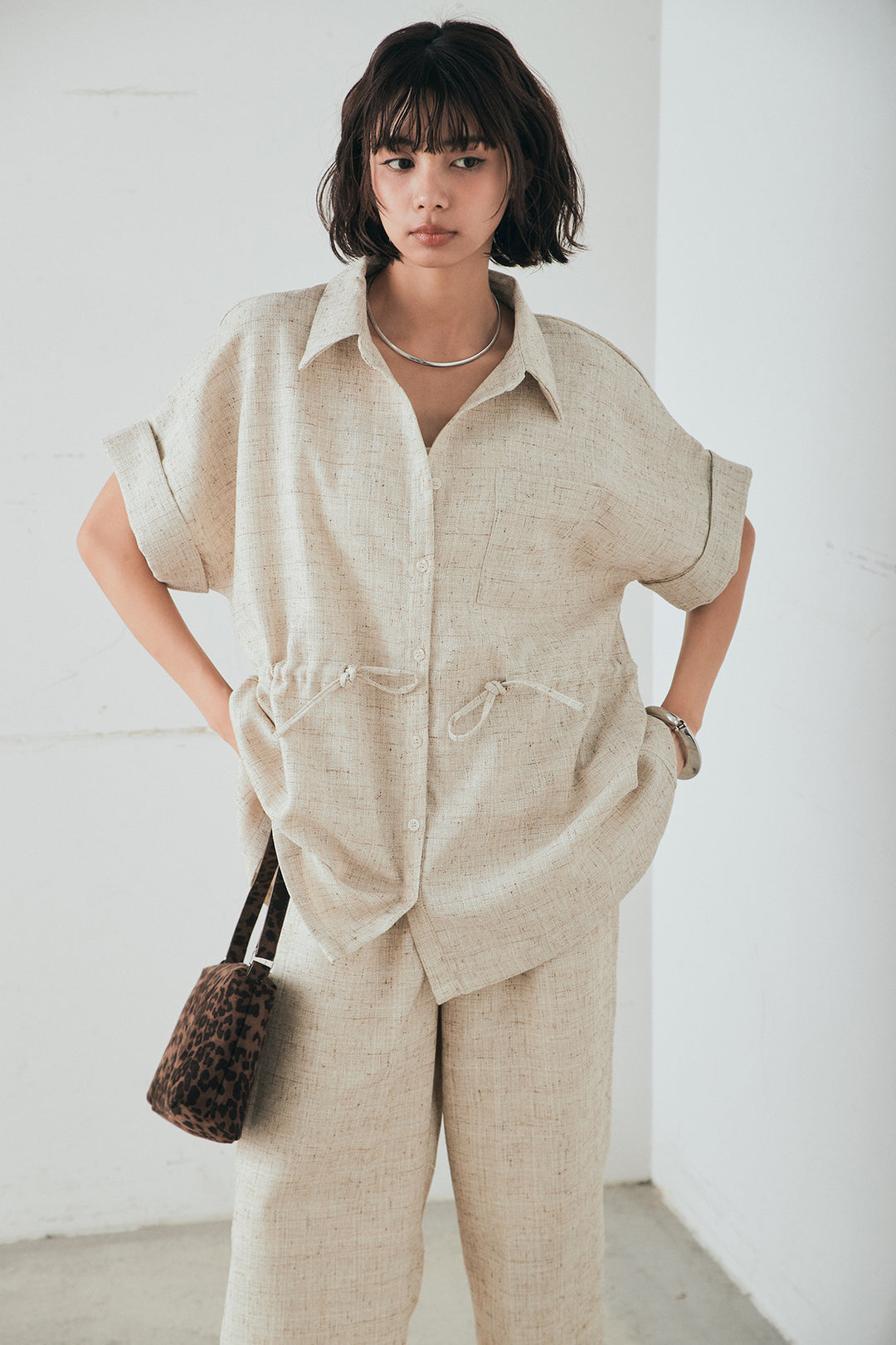 [SET]ツイードウエストドロストシャツ+ツイードタックパンツ(2set)