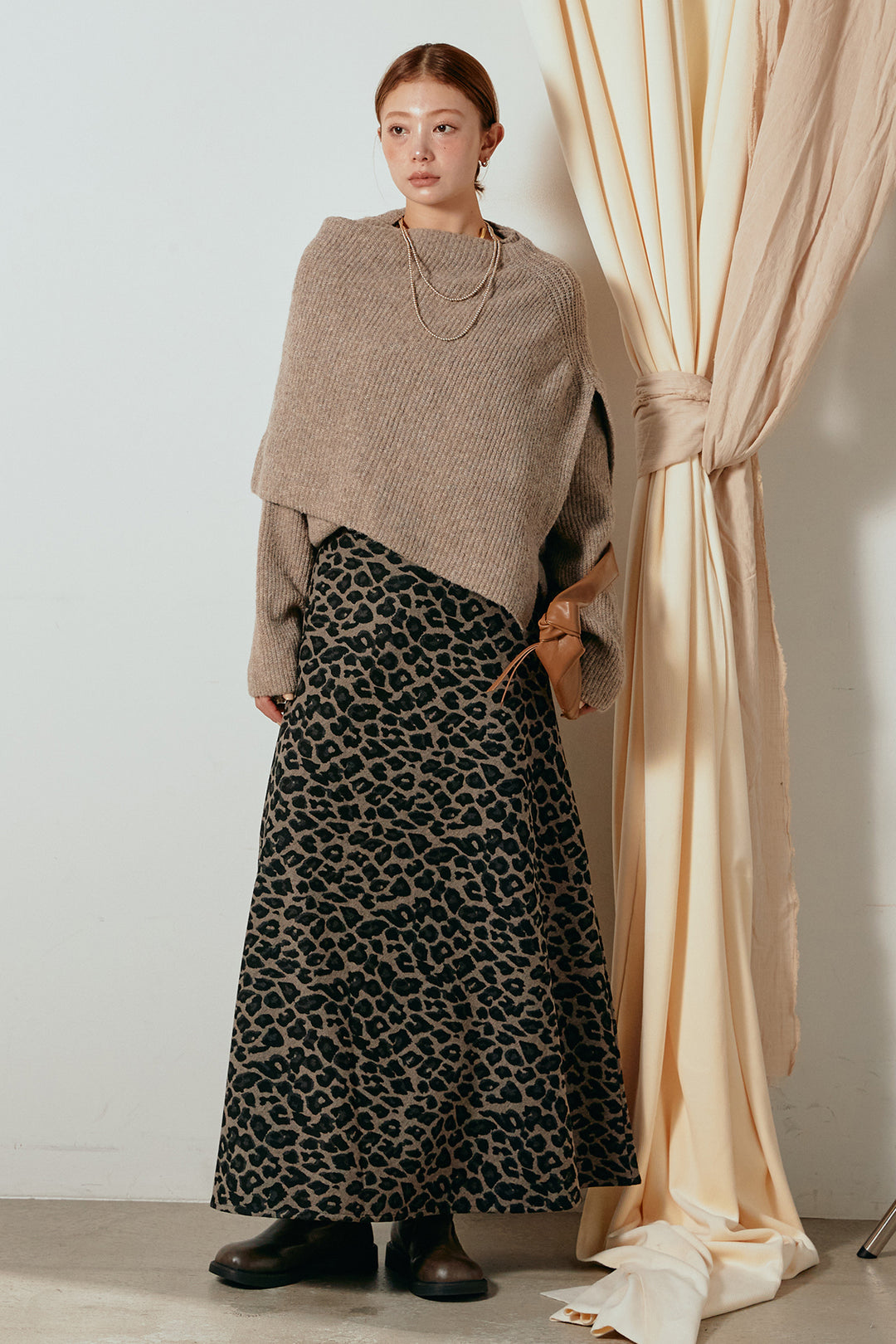 [SET]ケープデザインリブニットトップス+レオパードロングスカート(2set)
