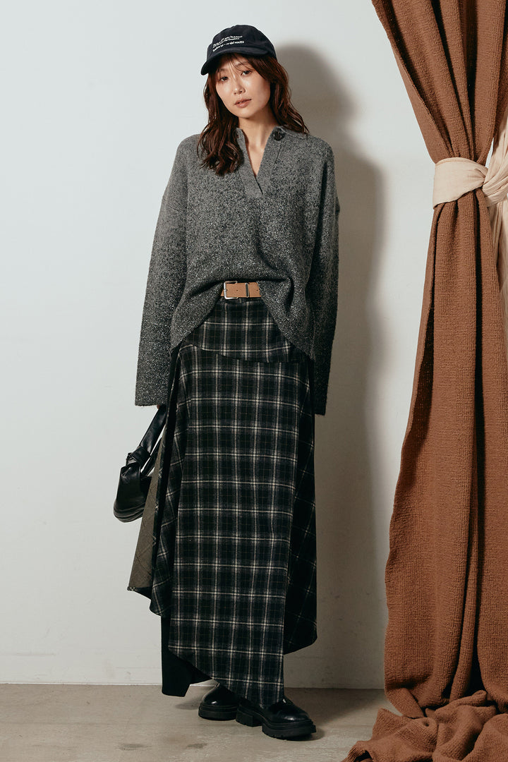 [SET]グラデーションラメニットキーネックプルオーバー+フェイクレザーベルト付き切り替えタータンチェックスカート(2set)
