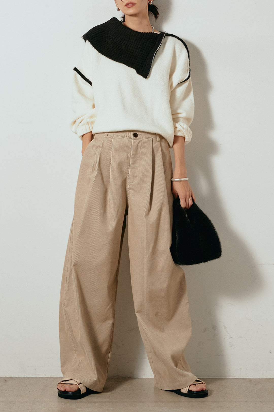 [SET]ハイネックジップデザインニットトップス+フロントタック入りコーデュロイパンツ(2set)