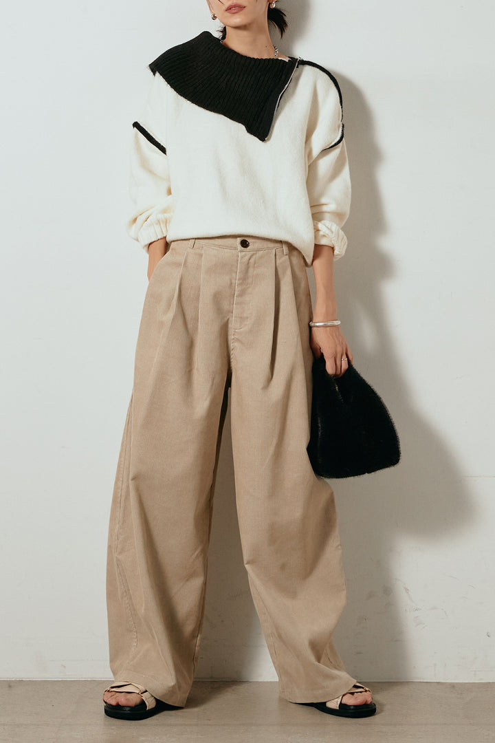 [SET]ハイネックジップデザインニットトップス+フロントタック入りコーデュロイパンツ(2set)