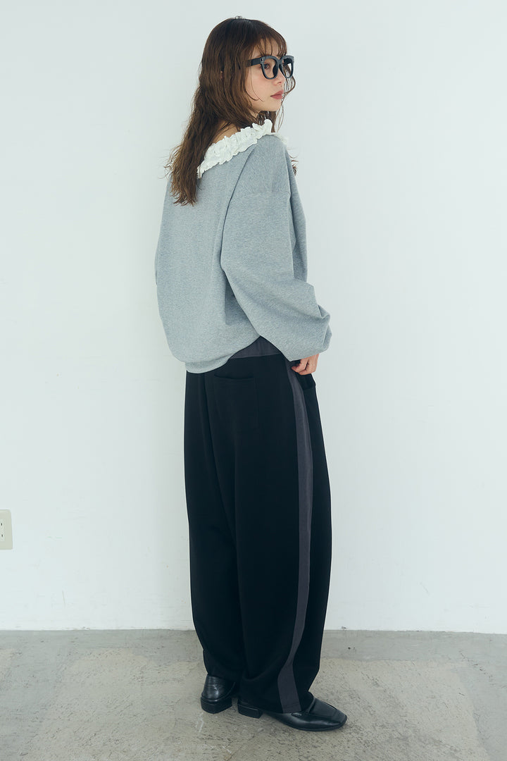 [SET]ネックギャザーフリルスウェット+異素材切り替えスウェットパンツ(2set)