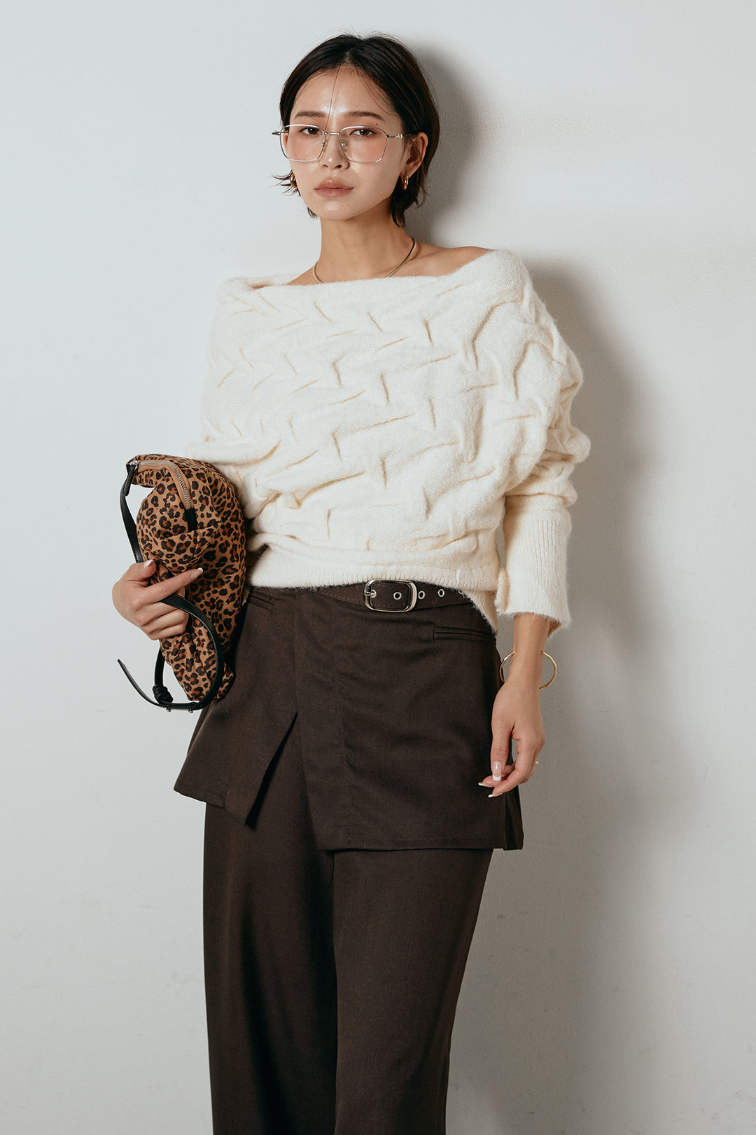 [SET]ボートネックニットトップス+ベルト付きウエストデザインパンツ(2set)