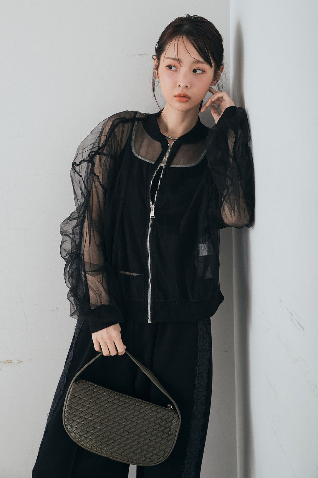 [SET]エアリーチュールスリーブシアーブルゾン+Wフェイスカットソーサイドレースラインパンツ(2set)