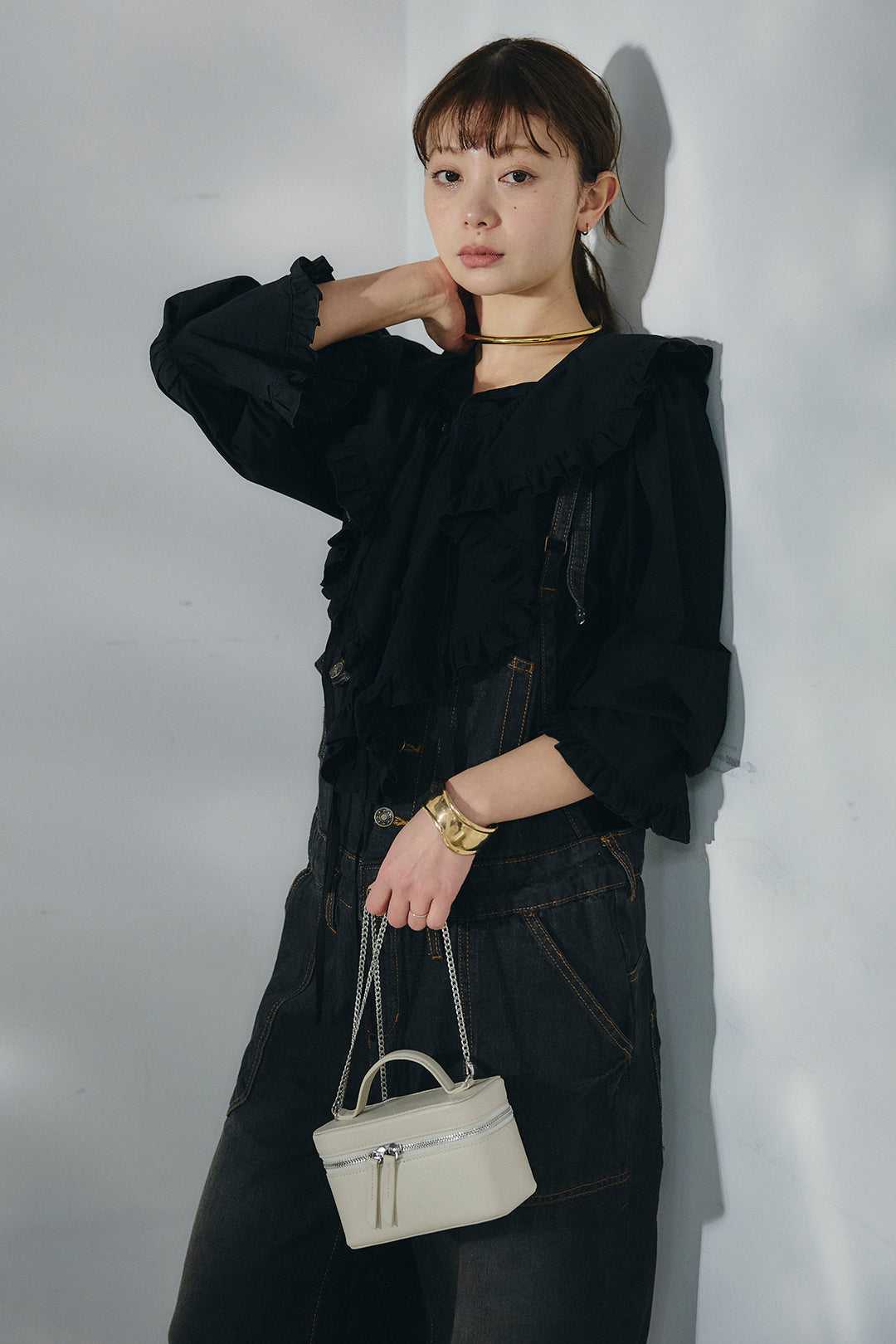 [SET]コットンフリルブラウス+デニムサロペットワイドパンツ(2set)