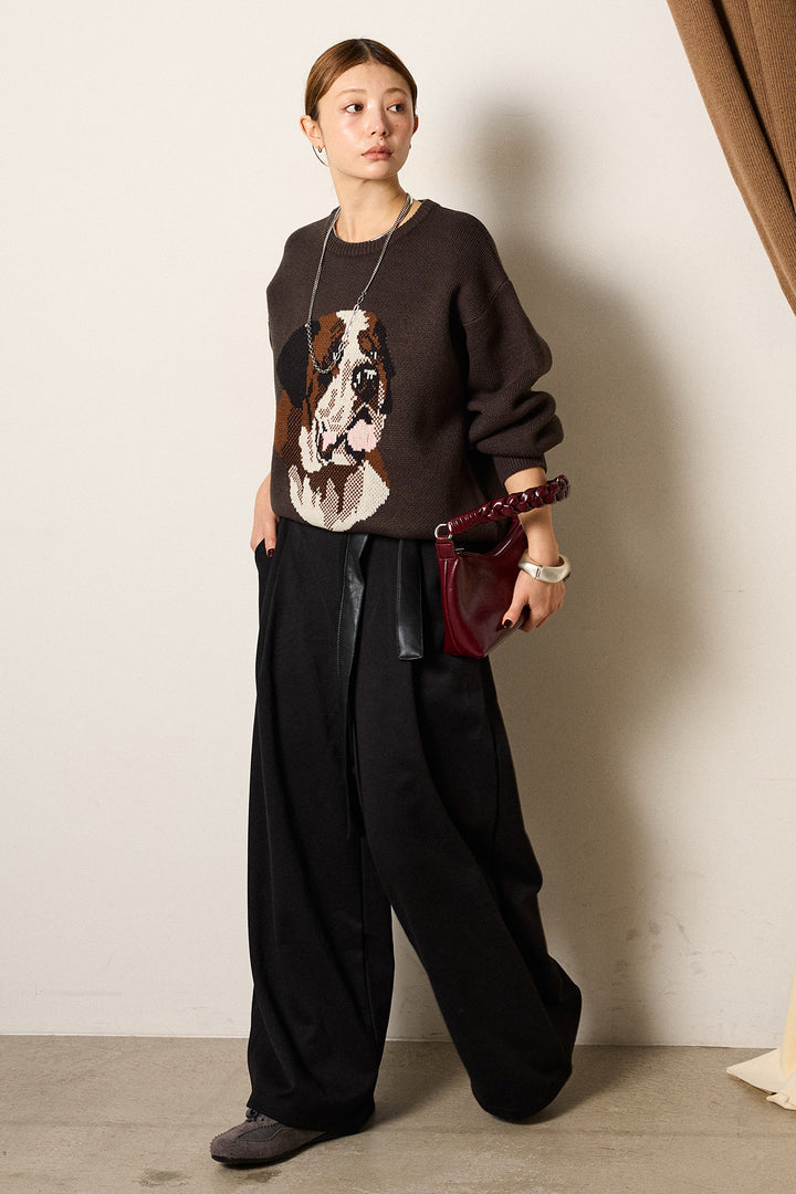 [SET]アニマルジャガード柄ニットトップス+巻ベルトウエストレザーライクワイドパンツ(2set)