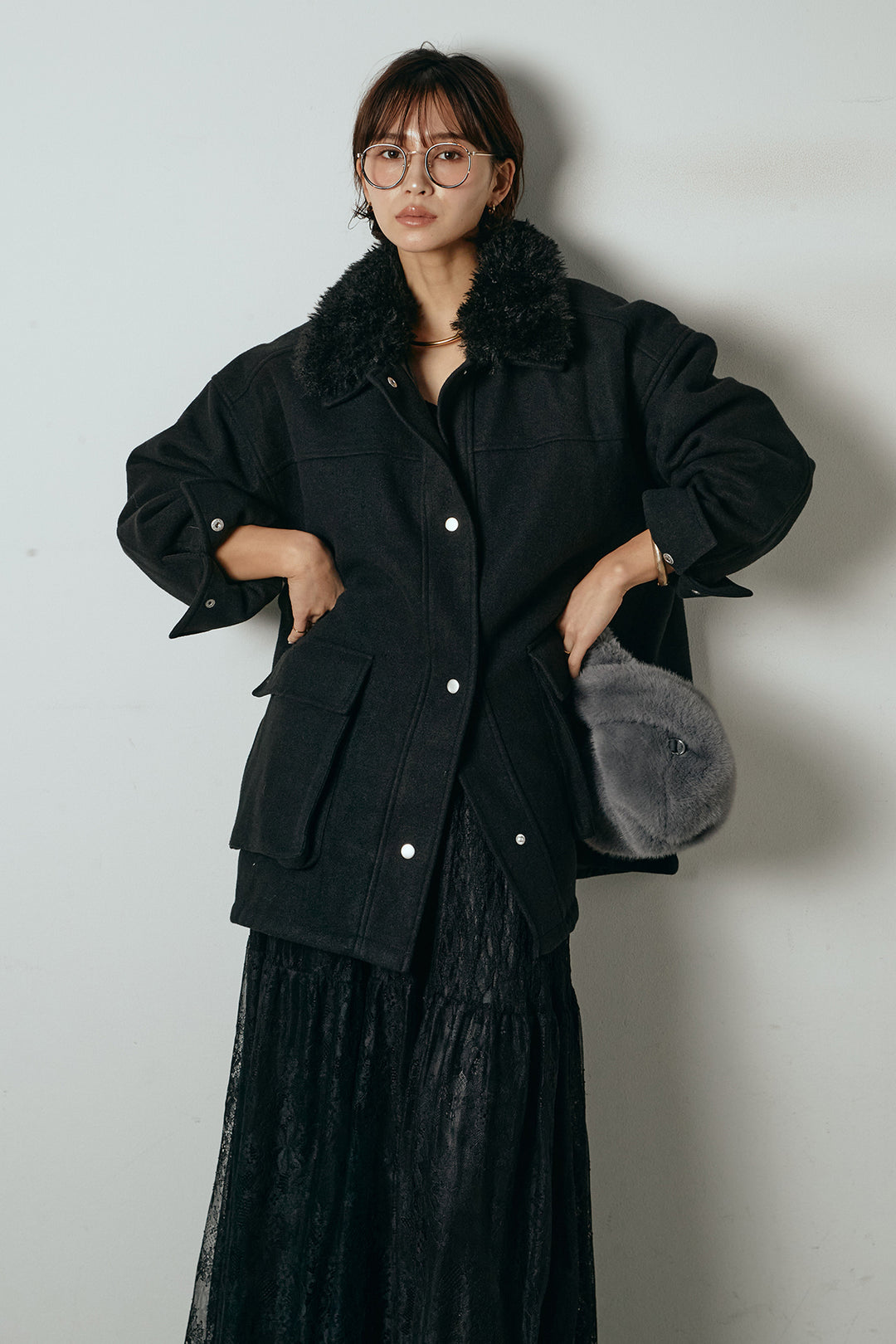 [SET]エコウール衿ファー薄中綿入りミドルカバーオール+ひげレース切替ロング丈スカート(2set)