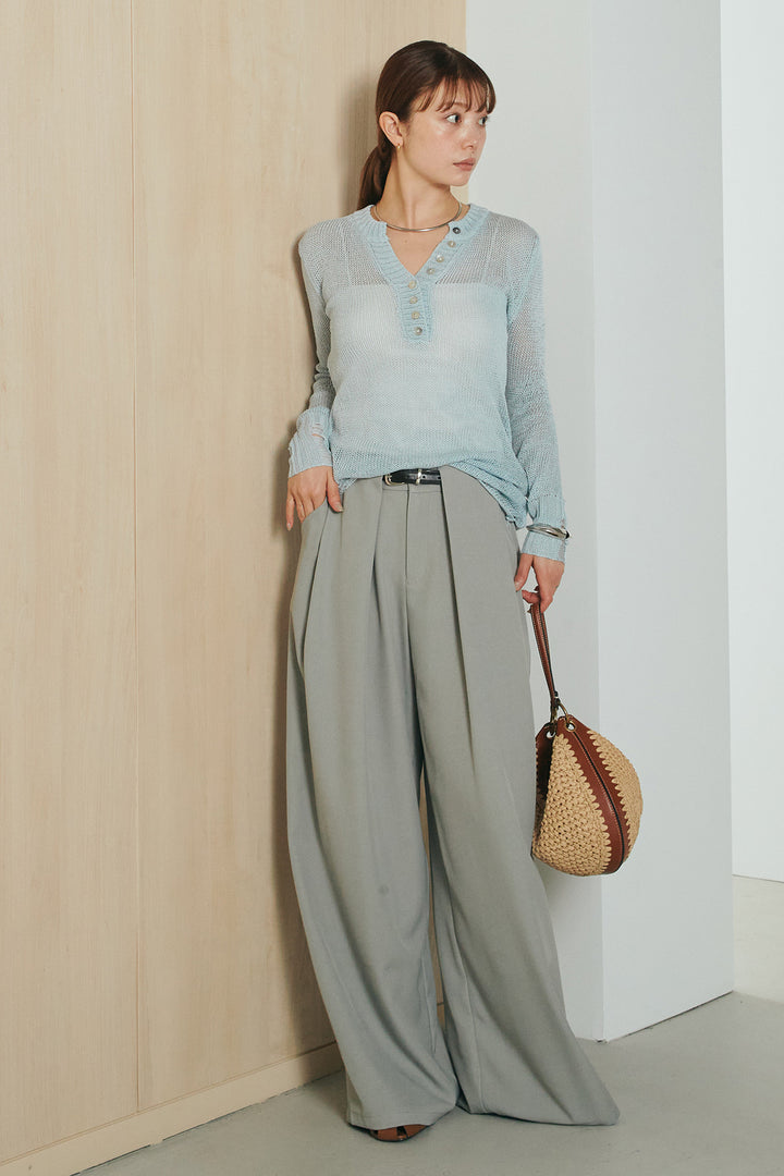 [SET]ヘンリーネックダメージニットプルオーバー+ビックベルトループタックベルト付きワイドパンツ(2set)