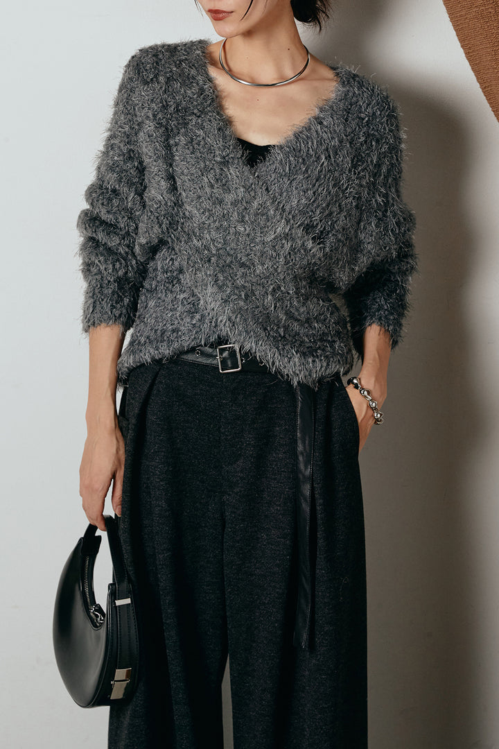 [SET]シャギークロスニットトップス+細ベルト付き起毛タックワイドパンツ(2set)