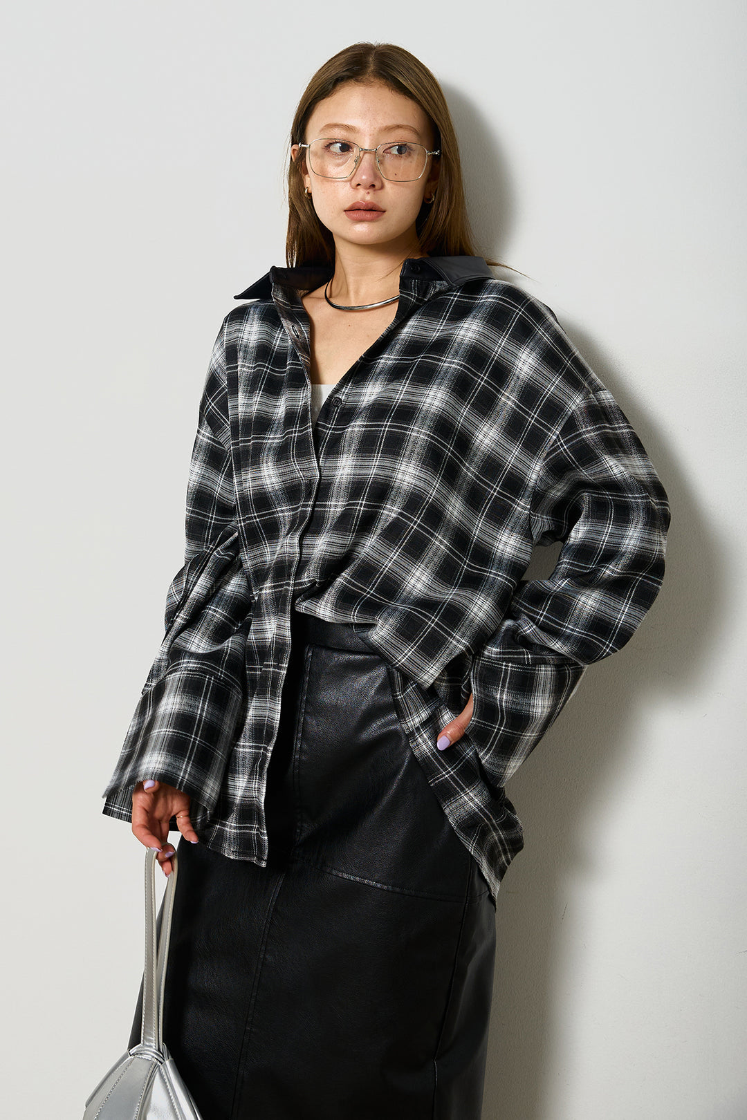 [SET]襟フェイクレザーネルチェックシャツ+フェイクレザーワイドスカート(2set)