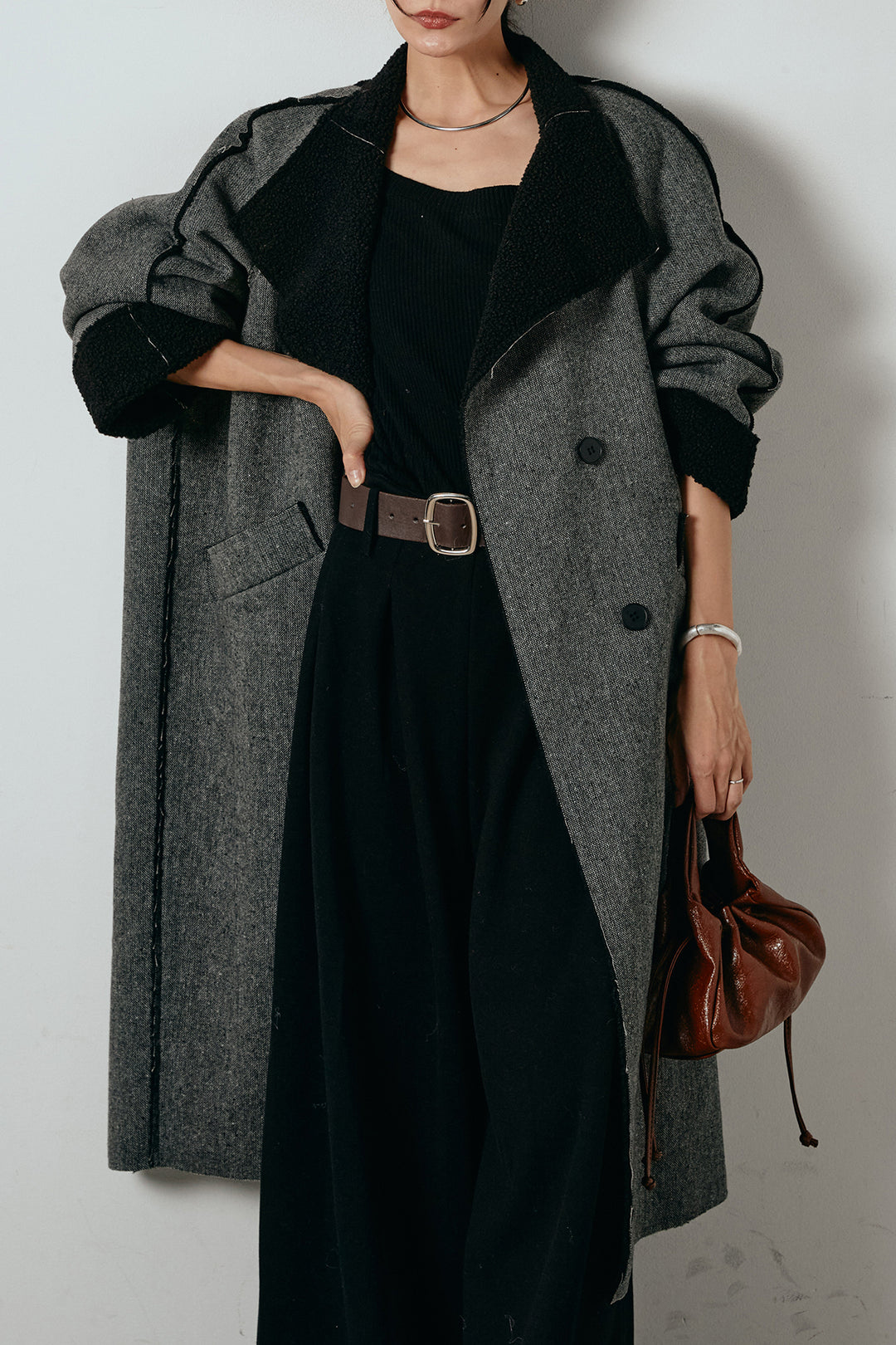 [SET]裏地ボアハイネックロングアウター+フェイクレザー太ベルト付きタックワイドパンツ(2set)