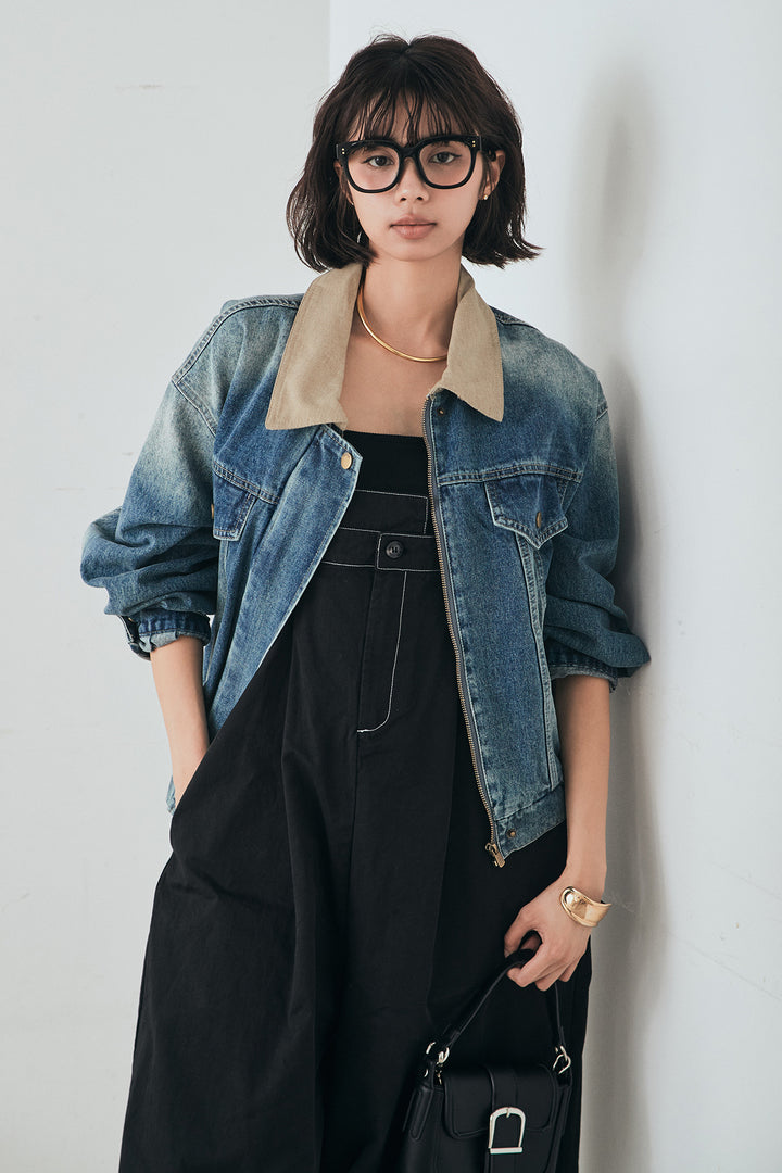 [SET]襟切り替えジップデニムジャケット+綿ツイルアシメサロペット(2set)