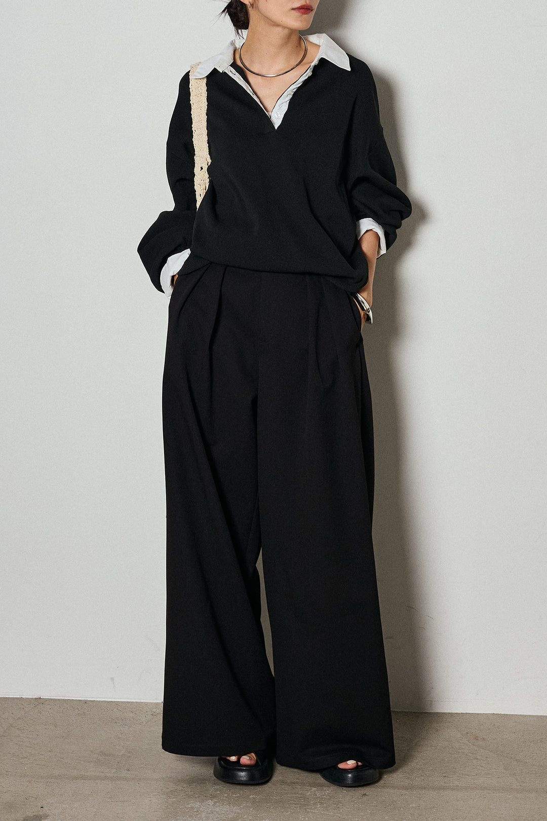 【即納】ウエストベルト付きタックワイドパンツ