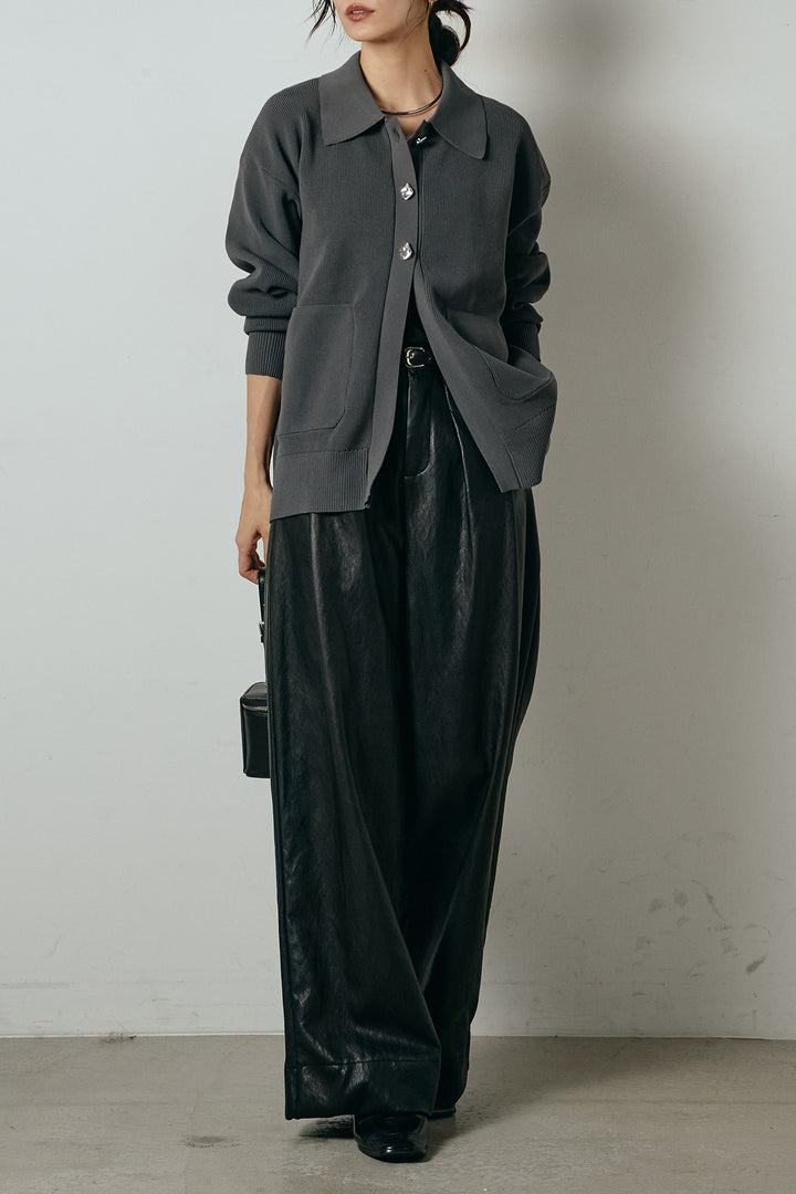 [SET]メタル釦衿付きニットカーディガン+ベルト付きレザーライクタックパンツ(2set)