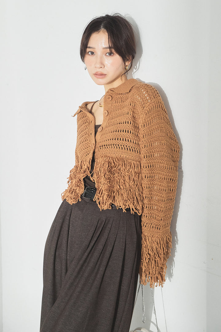 [SET]メッシュフリンジカーディガン+編みベルト付きウエストタックワイドパンツ(2set)