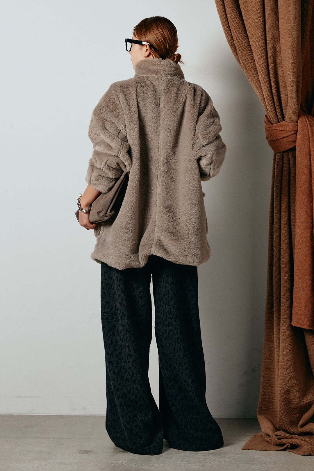 [SET]スタンドネックファーコート+レオパードジャガードニットパンツ(2set)