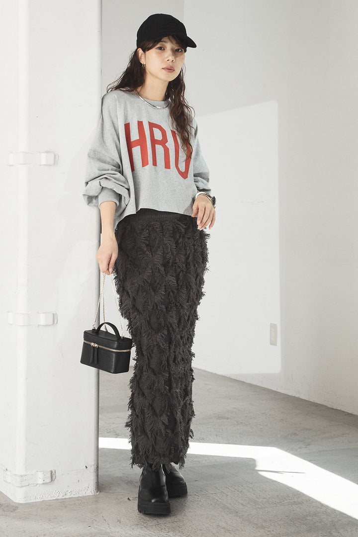 [SET]ビッグロゴHRU袖ボリュームトップス+カットフリンジニットタイトスカート(2set)