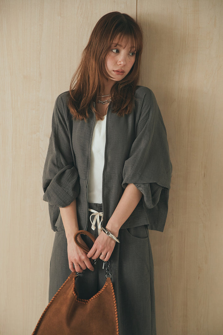 [SET]麻混ノーカラーブルゾン+麻混ウエストドロストパンツ(2set)