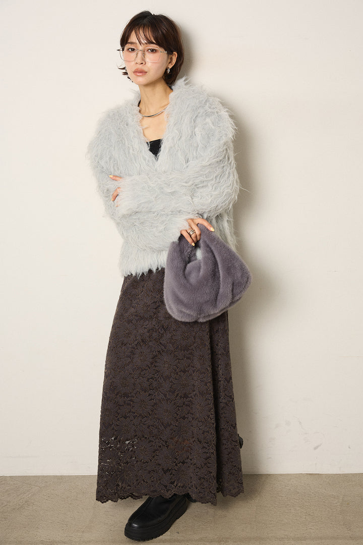 [SET]起毛シャギーニットカーディガン+花柄刺繍ベロアフレアスカート(2set)